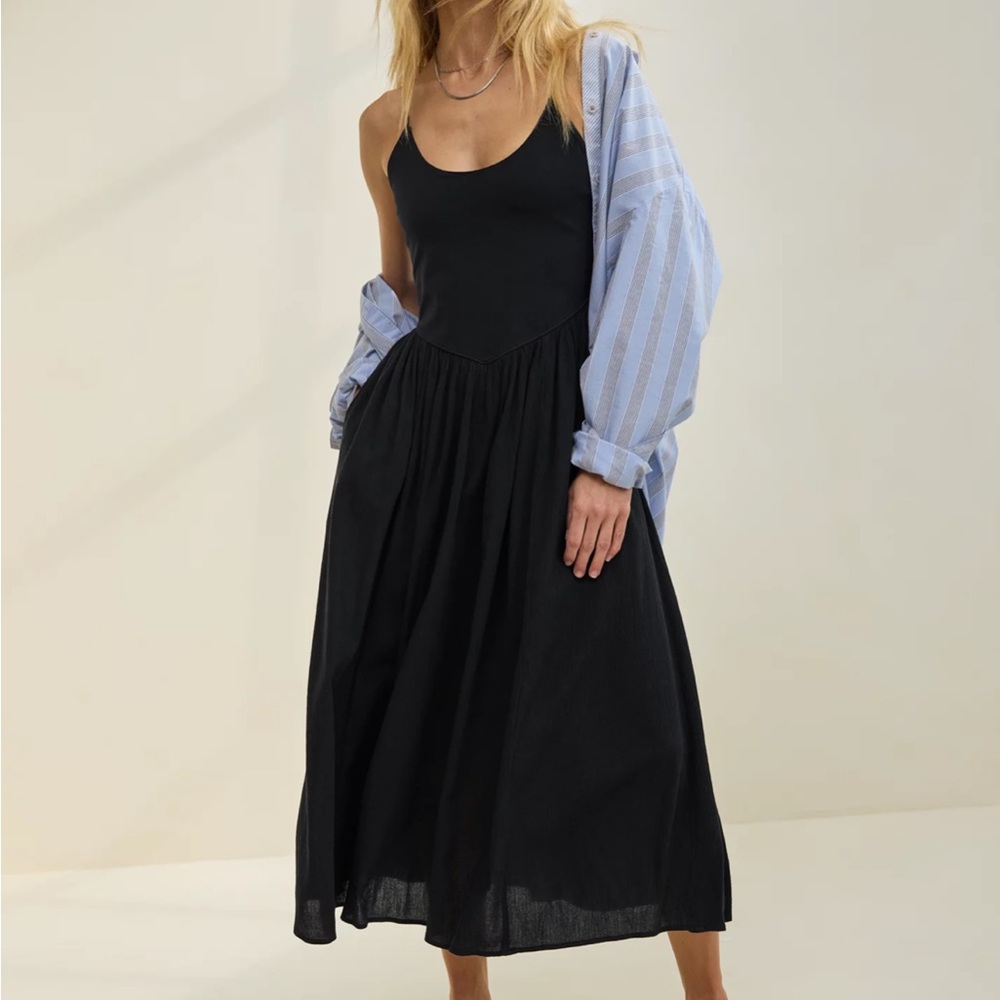 Aerie Black Drop-Waist Midi Dress (At the Barre Midi Dress)